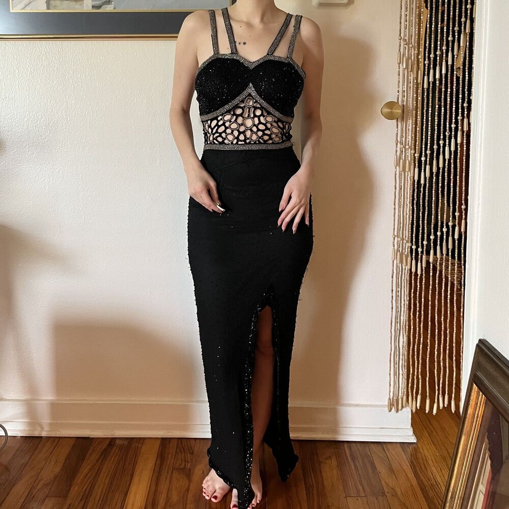 Vintage 50s Hand Beaded Silk Evening Gown Size 8 Black & Silver Showgirl